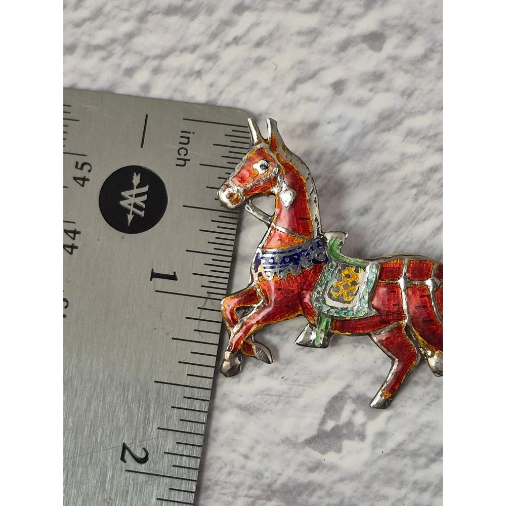 Vintage Siam Sterling Silver Enamel Horse Brooch Equestrian Pin Red Multi